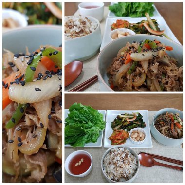 Kore yemeği, kızarmış erişte, sebze ve sebze çorbası.