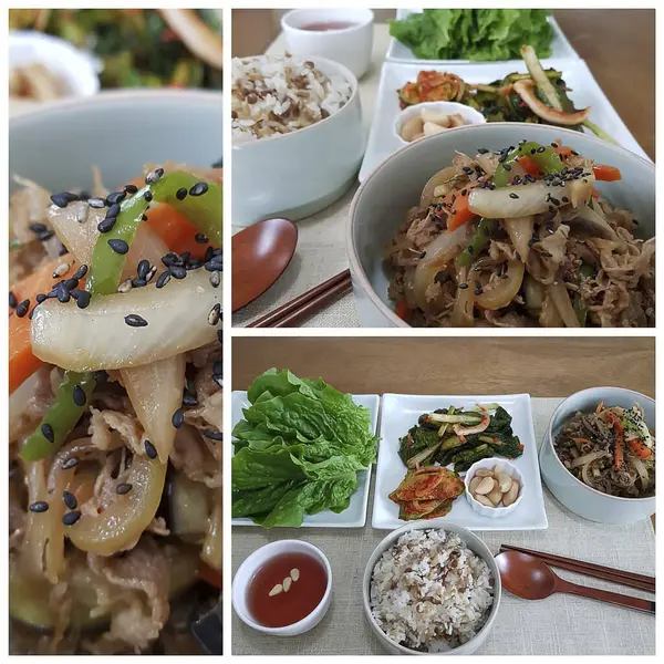 Kore yemeği, kızarmış erişte, sebze ve sebze çorbası.