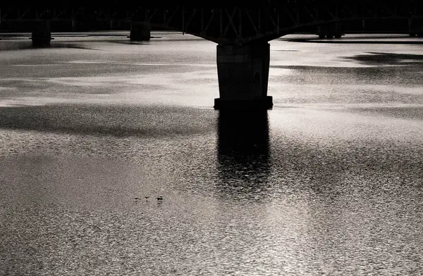 Şehirdeki bir nehrin siyah beyaz fotoğrafı