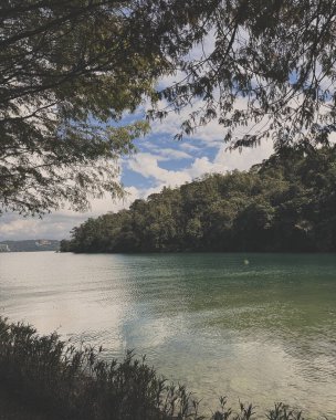 Göl ve dağlarla dolu güzel bir manzara.