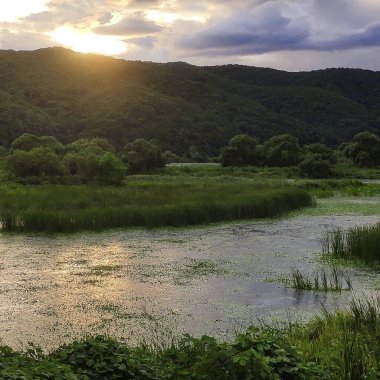 Nehir ve gölü olan güzel bir manzara.
