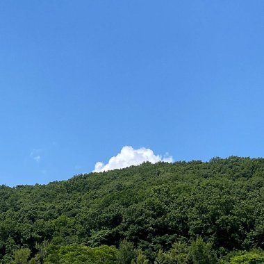 Dağları ve mavi gökyüzü olan güzel bir manzara.