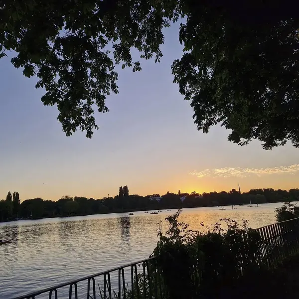 Nehirde gün batımı Ağaçlar ve parktaki güneş