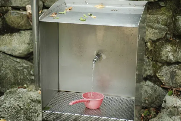 Bahçede su bulunan metal bir musluğun dikey görüntüsü.