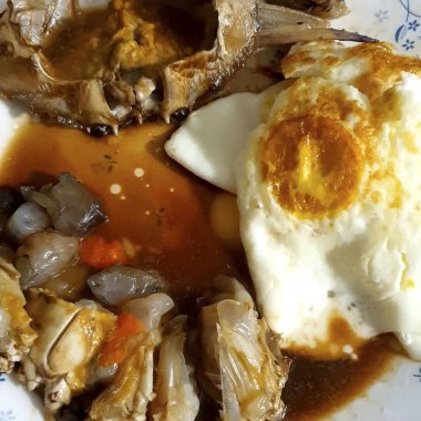 Domuz eti, sebze ve soslu leziz pilav.