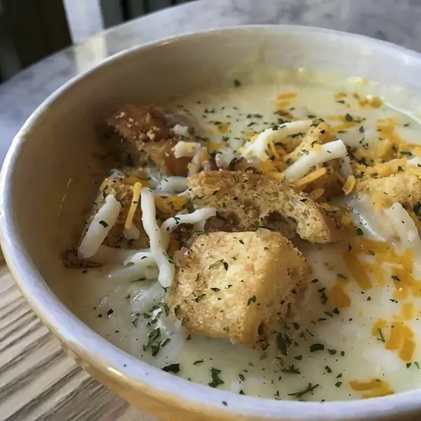 Tavuk ve peynirli bir kase lezzetli pirinç çorbası.