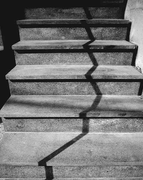 Modern bir merdivenin siyah beyaz fotoğrafı.