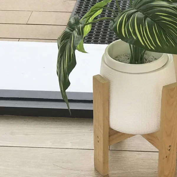 Ahşap zeminde güzel çiçekler ve saksılar