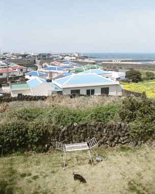 Sahilin manzarası geniş bir çatı ve arka planda büyük bir ev.