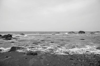 Siyah beyaz bulutları olan güzel deniz kıyıları