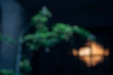 Ahşap bir masa ile bir ağacın bulanık arkaplanı