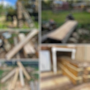 Bulanık ahşap arkaplan ve bulanık bir arka plan. Köydeki ahşap bir evin fotoğrafı..