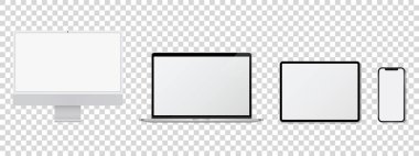 Aygıt ekran modeli. Akıllı telefon seti, tablet, dizüstü bilgisayar ve monitör, boş ekran modeli. Vektör illüstrasyonu
