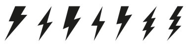 Elektrikli yıldırım logosu elektrik sembolü, poster ve tişört için beyaz arka planda izole edildi. Gök gürültüsü ikonu. Storm pictogram. Flaş