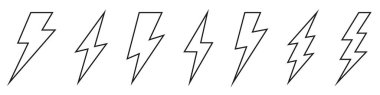 Elektrikli yıldırım logosu elektrik sembolü, poster ve tişört için beyaz arka planda izole edildi. Gök gürültüsü ikonu. Storm pictogram. Flaş