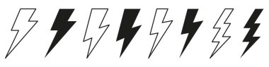 Elektrikli yıldırım logosu elektrik sembolü, poster ve tişört için beyaz arka planda izole edildi. Gök gürültüsü ikonu. Storm pictogram. Flaş