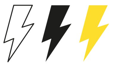 Elektrikli yıldırım logosu elektrik sembolü, poster ve tişört için beyaz arka planda izole edildi. Gök gürültüsü ikonu. Storm pictogram. Flaş