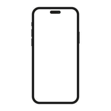Gerçekçi, kil, düz vektör ve çizgi tarzında boş beyaz ekranlı 15 maketli bir Iphone. Cep telefonunun ön görüntüsü. vektör illüstrasyonu.