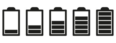 Batarya simgeleri ayarlandı. Batarya şarj göstergesi simgesi. Pil enerjisi seviyesi. Alkali pil kapasitesi şarj simgesi.