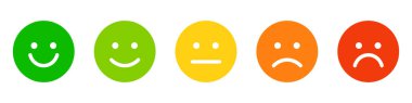 Mutluluktan üzüntüye, geri bildirim ve anketler için kullanılan memnuniyet derecesini temsil eden beş renkli emoji yüzü.