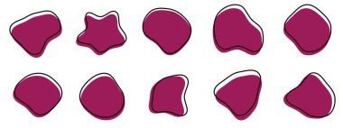 Organik renkli kabarcık şekilleri. Yuvarlak soyut organik şekil koleksiyonu. Çakıl taşı, damla ve taş siluetler. Rastgele soyut sıvı organik düzensiz benek şekilleri.