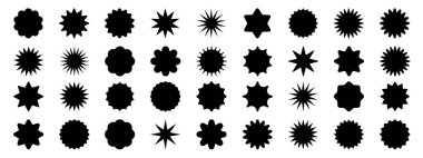 Bir dizi kırmızı yıldız patlaması. Fiyat etiketi, satış etiketi, fiyat etiketi, yıldız patlaması, kalite işareti, retro starlar, satış veya indirim etiketi, güneş ışığı çerçeveleri, promosyon rozeti seti, alışveriş etiketleri