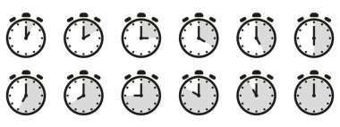 Zaman ve saat simgesi ayarlandı. Saat işaretimizin yarısı. 12 saat boyunca saat yönünde vektör illüstrasyonunu tamamladık. Analog duvar saatleri simgeleri ayarlandı.