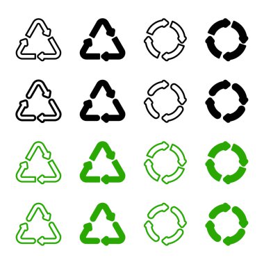 Geri dönüşüm simgesi seti. İşaret vektörünü geri dönüştürüyorum. Çöp geri dönüşüm yeşil logosu beyaz arkaplanda izole