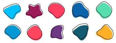 Organik renkli kabarcık şekilleri. Yuvarlak soyut organik şekil koleksiyonu. Çakıl taşı, damla ve taş siluetler. Rastgele soyut sıvı organik düzensiz benek şekilleri.