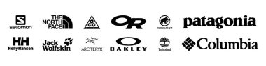 En iyi giyim markaları logolar. En popüler logo seti - NIKE, Mammut, The North Face, Columbia, Arcteryx, Jack Wolfskin, Salomon, Helly Hansen, Oakley, Patagonia, Outdoor Research ve diğerleri.