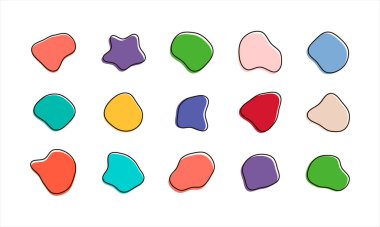 Organik renkli kabarcık şekilleri. Yuvarlak soyut organik şekil koleksiyonu. Çakıl taşı, damla ve taş siluetler. Rastgele soyut sıvı organik düzensiz benek şekilleri.