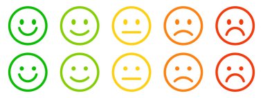 Mutluluktan üzüntüye, geri bildirim ve anketler için kullanılan memnuniyet derecesini temsil eden beş renkli emoji yüzü.