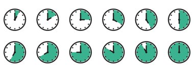 Zaman ve saat simgesi ayarlandı. Saat işaretimizin yarısı. 12 saat boyunca saat yönünde vektör illüstrasyonunu tamamladık. Analog duvar saatleri simgeleri ayarlandı.