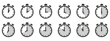 Zaman ve saat simgesi ayarlandı. Saat işaretimizin yarısı. 12 saat boyunca saat yönünde vektör illüstrasyonunu tamamladık. Analog duvar saatleri simgeleri ayarlandı.