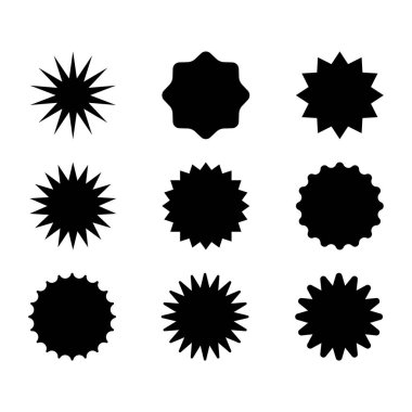 Bir dizi kırmızı yıldız patlaması. Fiyat etiketi, satış etiketi, fiyat etiketi, yıldız patlaması, kalite işareti, retro starlar, satış veya indirim etiketi, güneş ışığı çerçeveleri, promosyon rozeti seti, alışveriş etiketleri