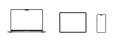 Aygıt ekran modeli. Akıllı telefon seti, tablet, dizüstü bilgisayar ve monitör, boş ekran modeli. Vektör illüstrasyonu