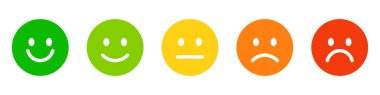 Mutluluktan üzüntüye, geri bildirim ve anketler için kullanılan memnuniyet derecesini temsil eden beş renkli emoji yüzü.