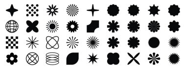 Set, geometrik şekiller koleksiyonu. Şekilleri farklı olan modaya uygun bir set. Bauhaus, fütürist, memphis. Siyah Bauhaus şekilleri, geometrik soyut şekiller..
