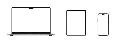 Aygıt ekran modeli. Akıllı telefon seti, tablet, dizüstü bilgisayar ve monitör, boş ekran modeli. Vektör illüstrasyonu