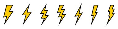 Vector electric lightning bolt logo set isolated on white background for electric power symbol, poster, t shirt. Thunder icon. Storm pictogram.	
