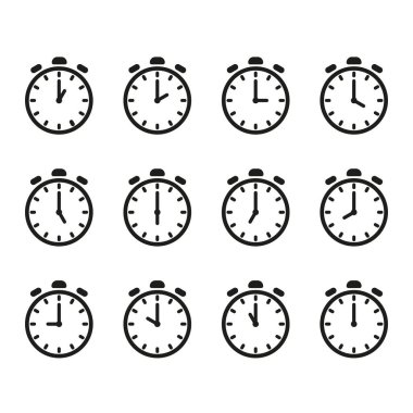 Zaman ve saat simgesi ayarlandı. Saat işaretimizin yarısı. 12 saat boyunca saat yönünde vektör illüstrasyonunu tamamladık. Analog duvar saatleri simgeleri ayarlandı.