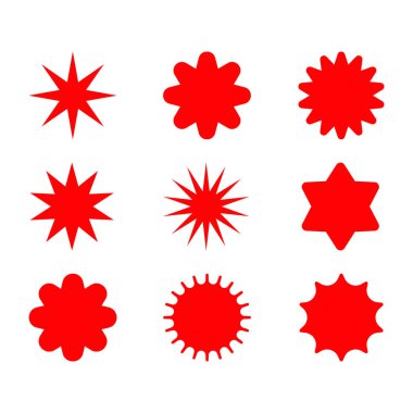 Bir dizi kırmızı yıldız patlaması. Fiyat etiketi, satış etiketi, fiyat etiketi, yıldız patlaması, kalite işareti, retro starlar, satış veya indirim etiketi, güneş ışığı çerçeveleri, promosyon rozeti seti, alışveriş etiketleri