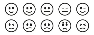 Duygular ayarlandı. Emoji 'nin yüzü koleksiyonu. Emojis düz stil. Mutlu ve üzgün emoji. Satır gülen vektör simgesi.