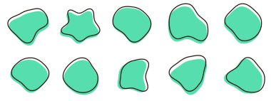 Organik renkli kabarcık şekilleri. Yuvarlak soyut organik şekil koleksiyonu. Çakıl taşı, damla ve taş siluetler. Rastgele soyut sıvı organik düzensiz benek şekilleri.