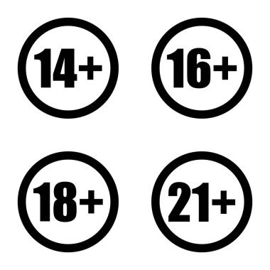 Yaş sınırlama simgeleri. 14, 16, 18 ve 21 yaş sınırı kavramı. İzole edilmiş şeffaf arkaplanda vektör.