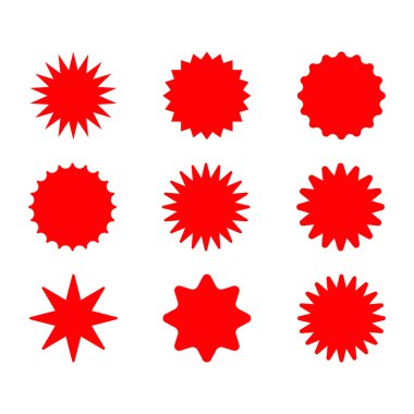 Bir dizi kırmızı yıldız patlaması. Fiyat etiketi, satış etiketi, fiyat etiketi, yıldız patlaması, kalite işareti, retro starlar, satış veya indirim etiketi, güneş ışığı çerçeveleri, promosyon rozeti seti, alışveriş etiketleri