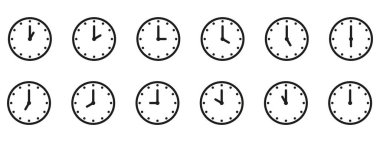 Zaman ve saat simgesi ayarlandı. Saat işaretimizin yarısı. 12 saat boyunca saat yönünde vektör illüstrasyonunu tamamladık. Analog duvar saatleri simgeleri ayarlandı.