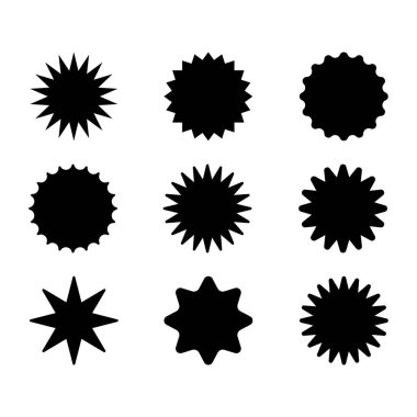 Bir dizi kırmızı yıldız patlaması. Fiyat etiketi, satış etiketi, fiyat etiketi, yıldız patlaması, kalite işareti, retro starlar, satış veya indirim etiketi, güneş ışığı çerçeveleri, promosyon rozeti seti, alışveriş etiketleri