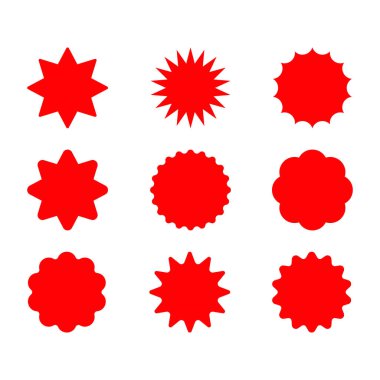 Bir dizi kırmızı yıldız patlaması. Fiyat etiketi, satış etiketi, fiyat etiketi, yıldız patlaması, kalite işareti, retro starlar, satış veya indirim etiketi, güneş ışığı çerçeveleri, promosyon rozeti seti, alışveriş etiketleri