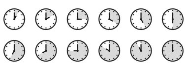 Zaman ve saat simgesi ayarlandı. Saat işaretimizin yarısı. 12 saat boyunca saat yönünde vektör illüstrasyonunu tamamladık. Analog duvar saatleri simgeleri ayarlandı.